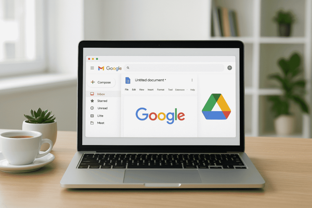 Google Workspace apps like Gmail, Docs, and Drive on a laptop screen in office setup