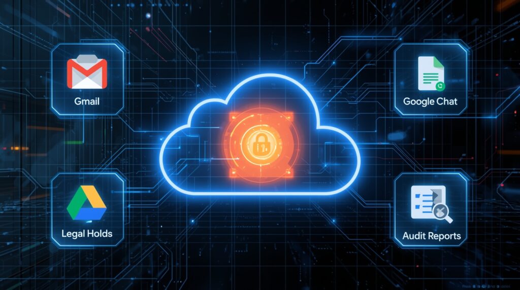 Google Vault compliance tool for archiving, legal holds, search, and audit reports