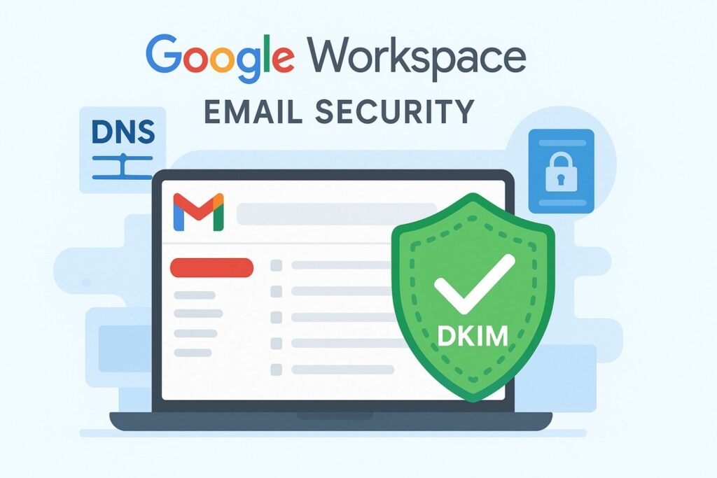 Google Workspace Gmail email security illustration with DKIM checkmark shield